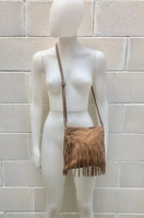 Cross body suede fringe bag. BOHO leather bag in dark beige. Messenger bag in soft genuine suede leather.Brown crossbody hippy tassel bag