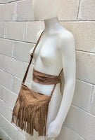 Cross body bag. BOHO suede leather bag in dark BEIGE with FRINGES and suede waistbelt.Hippy suede bag and belt set in light brown