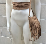 Cross body bag. BOHO suede leather bag in dark BEIGE with FRINGES and suede waistbelt.Hippy suede bag and belt set in light brown