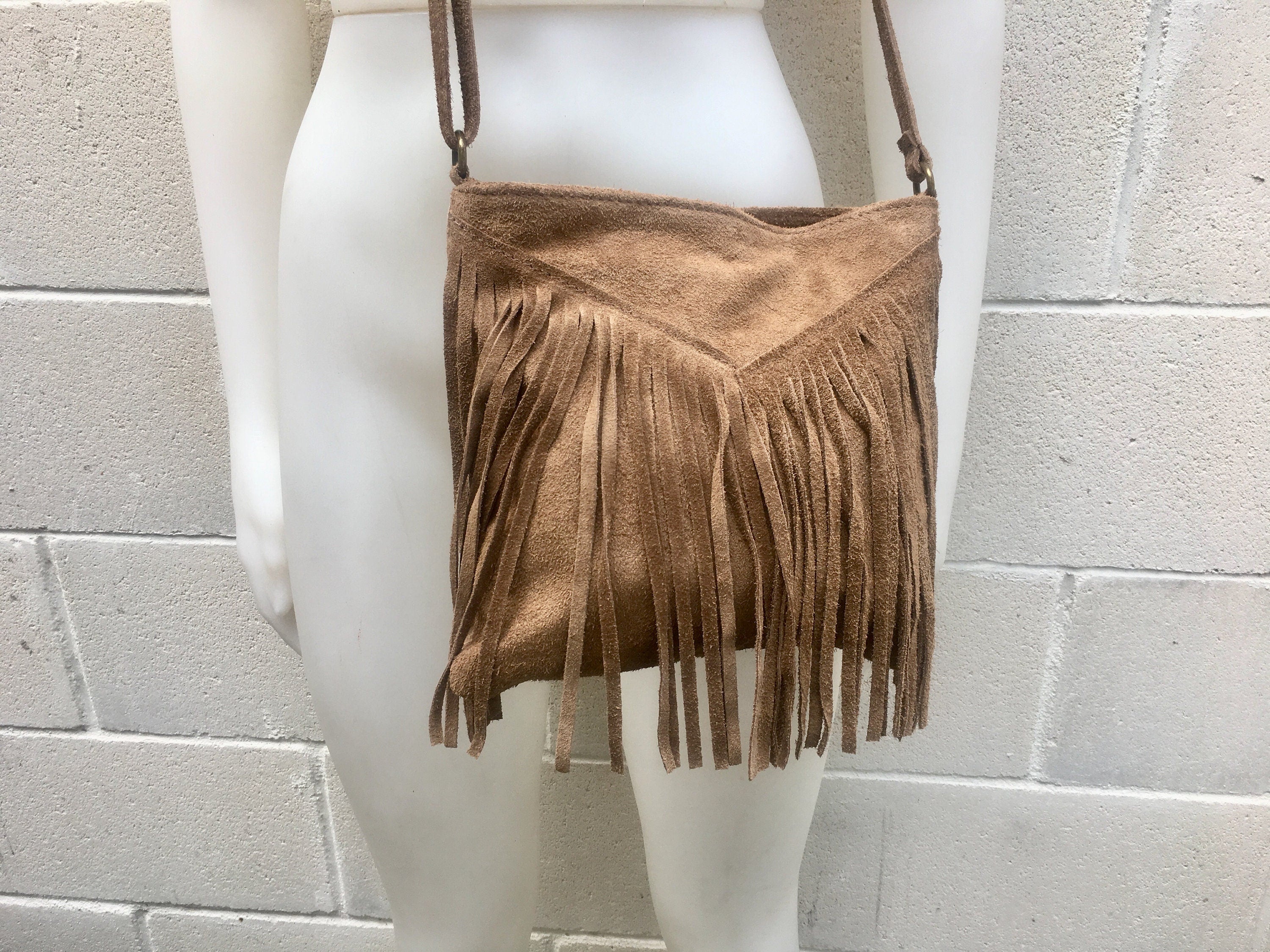 Cross body bag. BOHO suede leather bag in dark BEIGE with FRINGES and suede waistbelt.Hippy suede bag and belt set in light brown