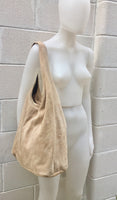 Large TOTE leather bag in BEIGE with zipper.Beige slouch bag. Soft natural suede leather bag. Boho bag. BEIGE suede bag.