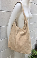 Large TOTE leather bag in BEIGE with zipper.Beige slouch bag. Soft natural suede leather bag. Boho bag. BEIGE suede bag.