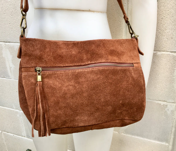 BOHO suede leather bag in camel BROWN. Soft genuine leather bag with tassel. Brown cross over bag,boho bag, crossbody bags in brown.