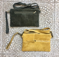 Suede leather bag in DARK GREEN. Crossbody /shoulder bag, in GENUINE leather. Small green suede purse with adjustable strap and zipper.