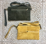 Suede leather bag in DARK GREEN. Crossbody /shoulder bag, in GENUINE leather. Small green suede purse with adjustable strap and zipper.