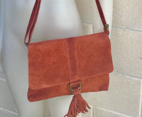 Cross body bag. BOHO suede leather bag in burnt ORANGE. Soft genuine suede leather. Crossover, messenger bag in suede. Terracotta,small bags