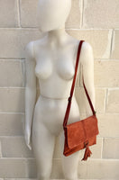 Cross body bag. BOHO suede leather bag in burnt ORANGE. Soft genuine suede leather. Crossover, messenger bag in suede. Terracotta,small bags