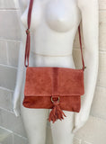 Cross body bag. BOHO suede leather bag in burnt ORANGE. Soft genuine suede leather. Crossover, messenger bag in suede. Terracotta,small bags