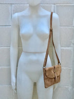 Suede leather bag in DARK BEIGE . Crossbody bag in GENUINE leather. Light brown small leather bag with adjustable strap and zipper.