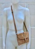 Suede leather bag in DARK BEIGE . Crossbody bag in GENUINE leather. Light brown small leather bag with adjustable strap and zipper.