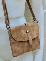 Suede leather bag in DARK BEIGE . Crossbody bag in GENUINE leather. Light brown small leather bag with adjustable strap and zipper.