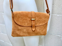 Suede leather bag in CAMEL BROWN. Tobacco color crossbody bag in GENUINE leather. Small leather bag with adjustable strap and zipper.