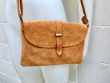 Suede leather bag in CAMEL BROWN. Tobacco color crossbody bag in GENUINE leather. Small leather bag with adjustable strap and zipper.