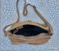 Suede leather bag in CAMEL BROWN. Tobacco color crossbody bag in GENUINE leather. Small leather bag with adjustable strap and zipper.