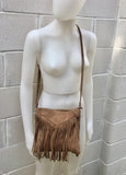 Cross body suede fringe bag. BOHO leather bag in dark beige. Messenger bag in soft genuine suede leather.Brown crossbody hippy tassel bag