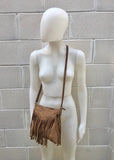 Cross body suede fringe bag. BOHO leather bag in dark beige. Messenger bag in soft genuine suede leather.Brown crossbody hippy tassel bag