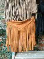 Cross body bag. BOHO suede leather bag in CAMEL brown with FRINGES. Messenger bag in soft genuine suede leather. Crossbody hippy bag