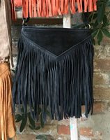 Cross body bag. BOHO suede leather bag in BLACK with FRINGES. Messenger bag in soft genuine suede leather.Black crossbody hippy bag