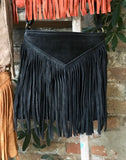 Cross body bag. BOHO suede leather bag in BLACK with FRINGES. Messenger bag in soft genuine suede leather.Black crossbody hippy bag