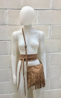 Cross body bag. BOHO suede leather bag in dark BEIGE with FRINGES and suede waistbelt.Hippy suede bag and belt set in light brown