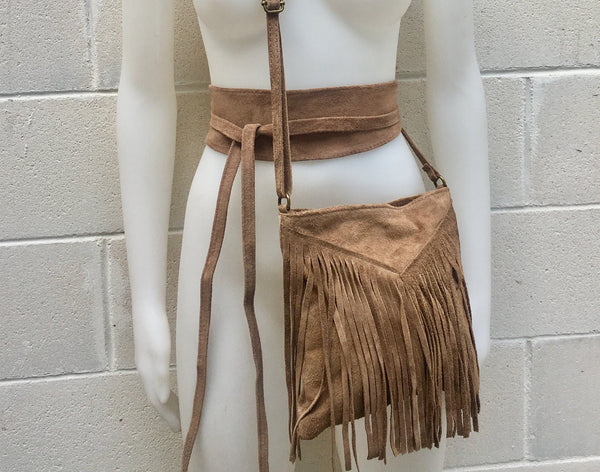 Cross body bag. BOHO suede leather bag in dark BEIGE with FRINGES and suede waistbelt.Hippy suede bag and belt set in light brown