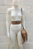 Cross body bag. BOHO suede leather bag in dark BEIGE with FRINGES and suede waistbelt.Hippy suede bag and belt set in light brown