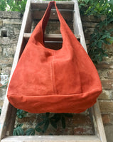 Slouch bag.Large TOTE leather bag in burnt ORANGE. Soft natural suede leather bag. Boho bag. DARK orange suede bag.