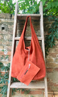 Slouch bag.Large TOTE leather bag in burnt ORANGE. Soft natural suede leather bag. Boho bag. DARK orange suede bag.