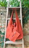 Slouch bag.Large TOTE leather bag in burnt ORANGE. Soft natural suede leather bag. Boho bag. DARK orange suede bag.
