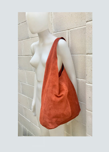 Slouch bag.Large TOTE leather bag in burnt ORANGE. Soft natural suede leather bag. Boho bag. DARK orange suede bag.