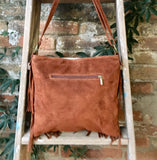 Cross body bag. BOHO suede leather bag in dark CAMEL brown with FRINGES. Larger model. Messenger bag in genuine suede. Crossbody hippy bag