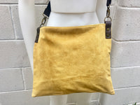 Cross body bag. BOHO suede leather bag in mustard yellow. Messenger bag in soft genuine suede leather. Crossbody bag in mustard suede.