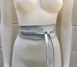 SILVER leather OBI belt. Wide waist belt in soft genuine leather. Metallic shine wraparound belt, boho dress belt in silver color leather.