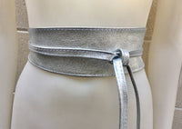 SILVER leather OBI belt. Wide waist belt in soft genuine leather. Metallic shine wraparound belt, boho dress belt in silver color leather.