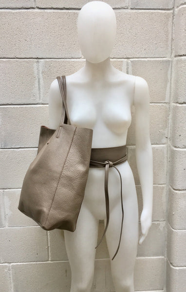 Tote bag in TAUPE with belt.Soft natural GENUINE leather bag + belt set. Large dark beige leather bag. Computer, tablet or Laptop bag.