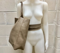 Tote bag in TAUPE with belt.Soft natural GENUINE leather bag + belt set. Large dark beige leather bag. Computer, tablet or Laptop bag.