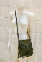 Cross body bag. BOHO suede leather bag in DARK GREEN with fringes. Messenger bag in soft genuine suede leather. Crossbody hippy bag