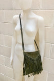 Cross body bag. BOHO suede leather bag in DARK GREEN with fringes. Messenger bag in soft genuine suede leather. Crossbody hippy bag