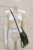 Cross body bag. BOHO suede leather bag in DARK GREEN with fringes. Messenger bag in soft genuine suede leather. Crossbody hippy bag