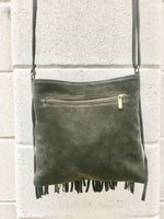 Cross body bag. BOHO suede leather bag in DARK GREEN with fringes. Messenger bag in soft genuine suede leather. Crossbody hippy bag