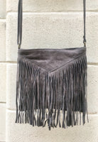 Cross body bag. BOHO suede leather bag in DARK GRAY with fringes. Messenger bag in soft genuine suede leather. Crossbody hippy bag