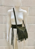 Cross body bag. BOHO suede leather bag in dark GREEN with FRINGES and suede waistbelt.Hippy suede bag and belt set in forest green