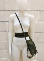 Cross body bag. BOHO suede leather bag in dark GREEN with FRINGES and suede waistbelt.Hippy suede bag and belt set in forest green