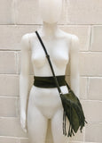 Cross body bag. BOHO suede leather bag in dark GREEN with FRINGES and suede waistbelt.Hippy suede bag and belt set in forest green