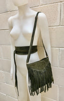 Cross body bag. BOHO suede leather bag in dark GREEN with FRINGES and suede waistbelt.Hippy suede bag and belt set in forest green
