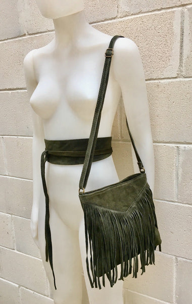 Cross body bag. BOHO suede leather bag in dark GREEN with FRINGES and suede waistbelt.Hippy suede bag and belt set in forest green
