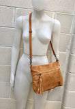 BOHO suede leather bag in light camel BROWN. Soft genuine leather bag with tassel. Brown cross over bag,boho bag, crossbody bags in brown.