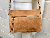 BOHO suede leather bag in light camel BROWN. Soft genuine leather bag with tassel. Brown cross over bag,boho bag, crossbody bags in brown.