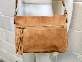 BOHO suede leather bag in light camel BROWN. Soft genuine leather bag with tassel. Brown cross over bag,boho bag, crossbody bags in brown.