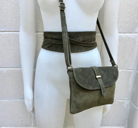 Suede leather bag in DARK GREEN. Crossbody bag in GENUINE leather.Green small leather bag with adjustable strap and zipper.